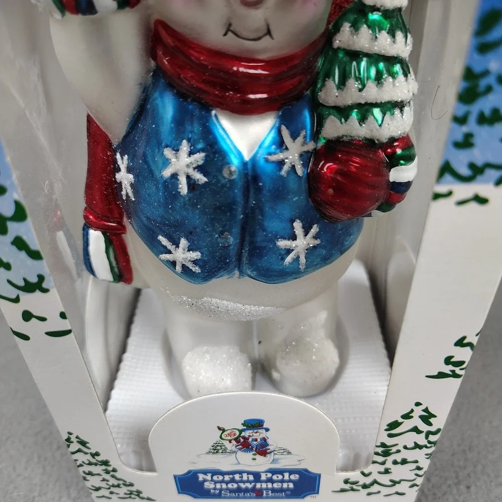 SANTAS BEST Jumbo Snowman Christmas Tree Ornament Mouth Blown Glass Hand Crafted